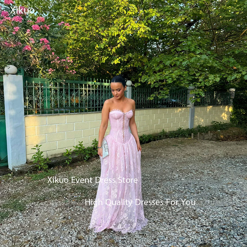 

Xikuo Lace Up Front A Line Evening Dresses Lace Romantic Party Gowns Appliques Sweetheart Sophisticated Abiti Da Sera Customized