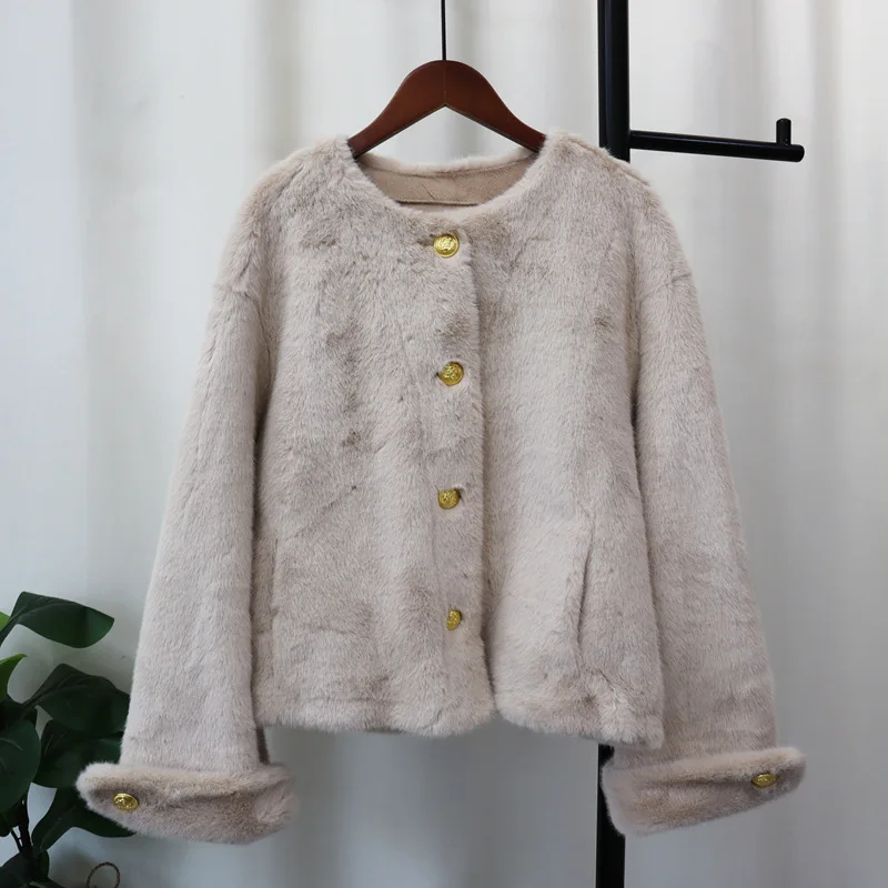 2024 Autumn/Winter New Women Thick Fur One Piece Coat Round Neck Style Small Fragrant Wind Loose mink like Cardigan