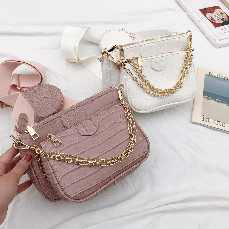 Fashion alligator women messenger bag designer wide strap shoulder bag luxury chain crossbody bag pu leather ladies 3 bags set