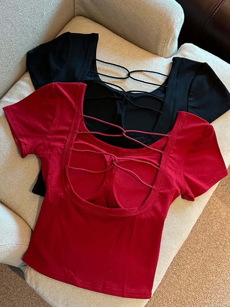 Ankela Red Hollow out Back Short Sleeve T-Shirt Women Summer Slim Fit Shoulder Top Spicy Girl Commute Style Pure Color Breath...