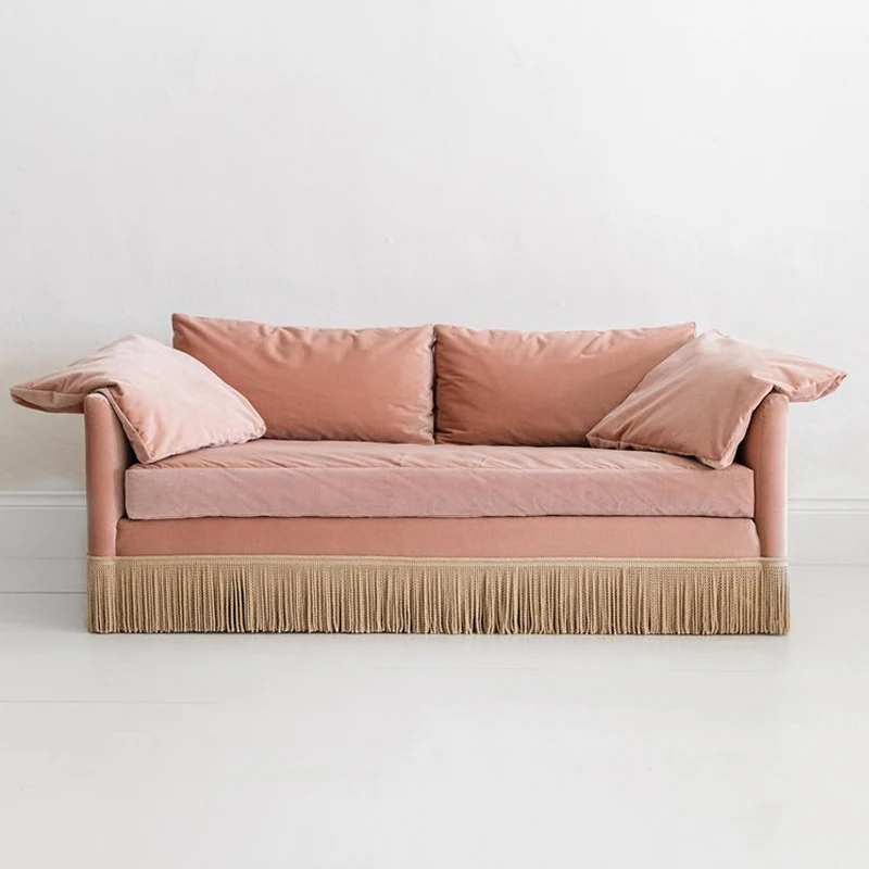 French pink fringed velvet fabric sofa small apartment Nordic living room retro style American three-person straight row sofa