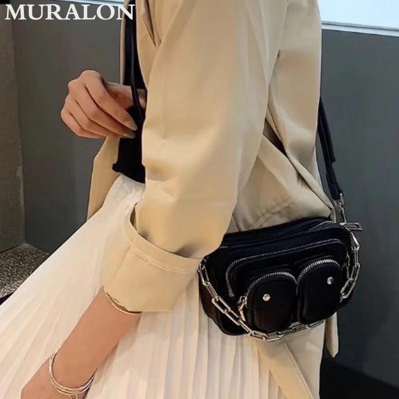 Ladies Punk Cool Crossbody Bag 2024 New Niche Chain Design Retro Motorcycle Bag Multi-pocketed Zip Shoulder Small Square Bag