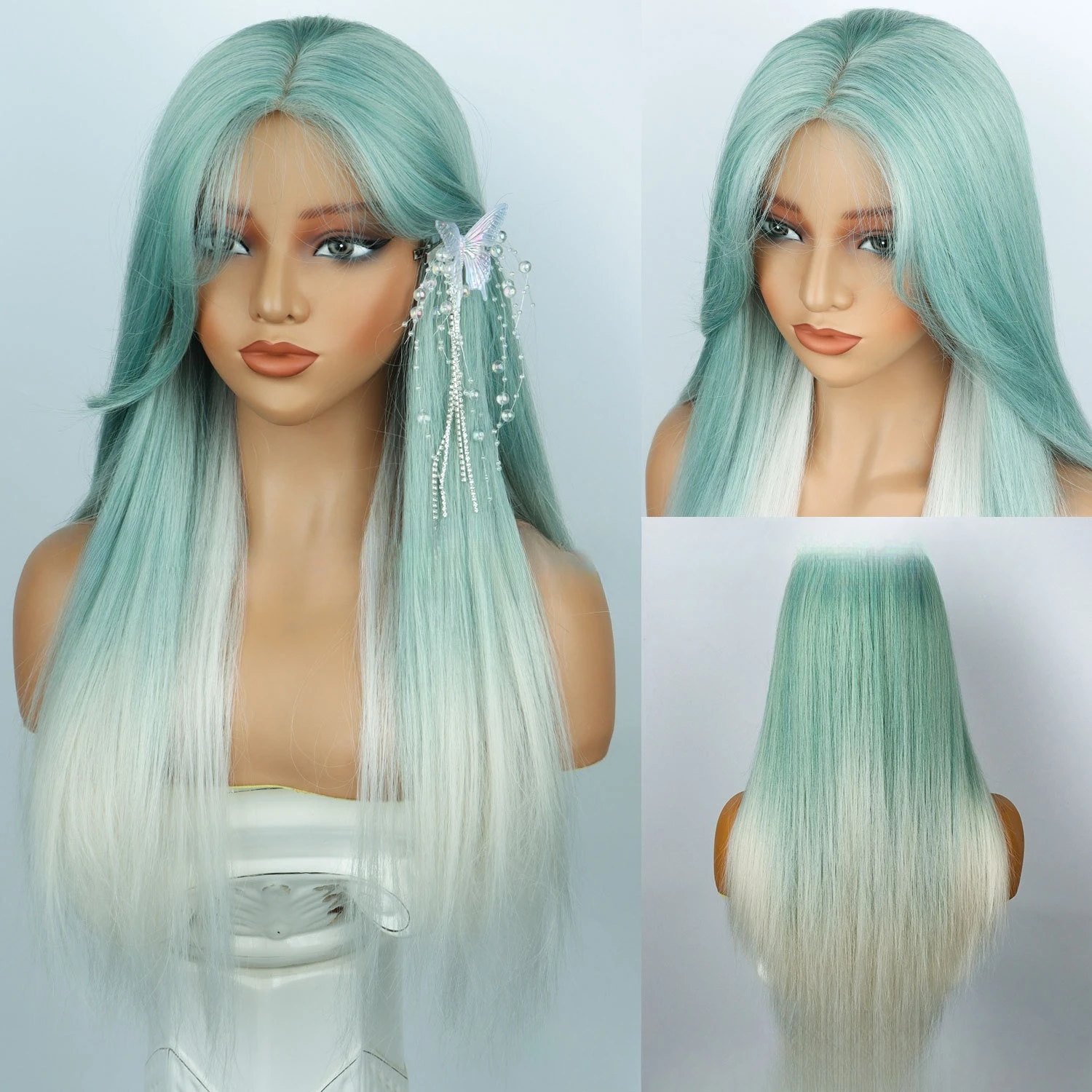 

Gradual change green highlights silver long straight natural simulation hair whole wig cover