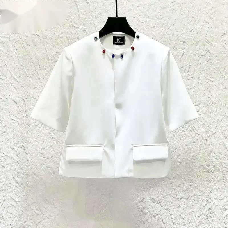 Summer Short-sleeved Niche Design Men's Jacket Rhinestones Round Neck Shoulder Pads Korean-style Fashion Coats ZSX4