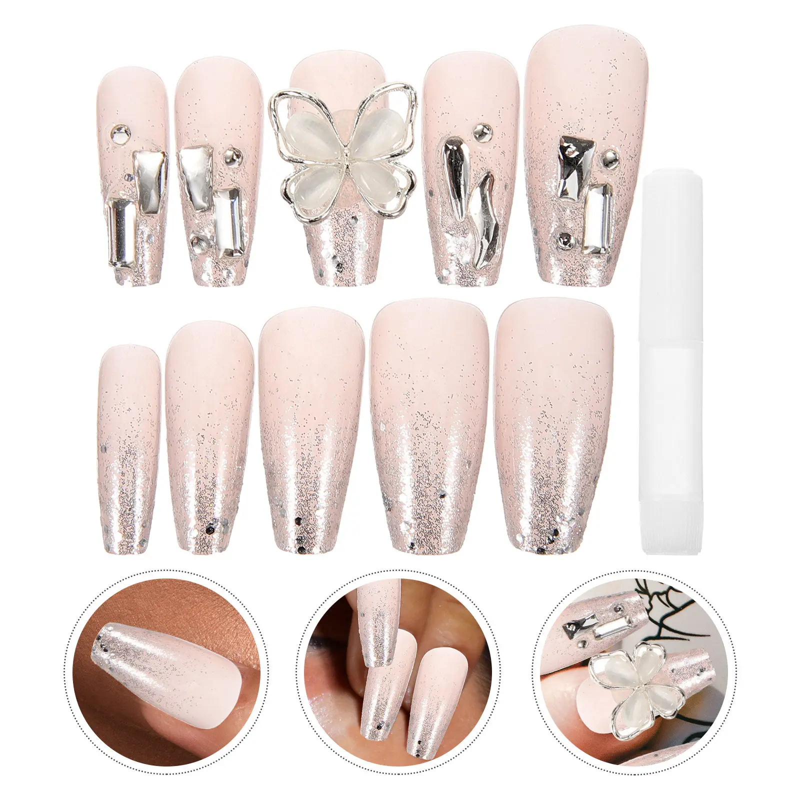

24Pcs Press on Nails Women Broken Rhinestone Butterfly Resin Glue on Fake Nails for Daily Wedding Prom Nail Art Supplies