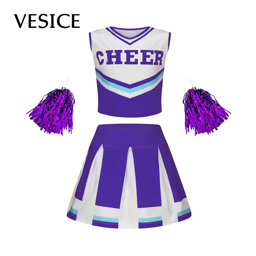 Cheerleader Girls Cheerleading Uniform Sleeveless Pleated Print Dress Schoolgirl Squad Cosplay Costume Cheerleading Dance