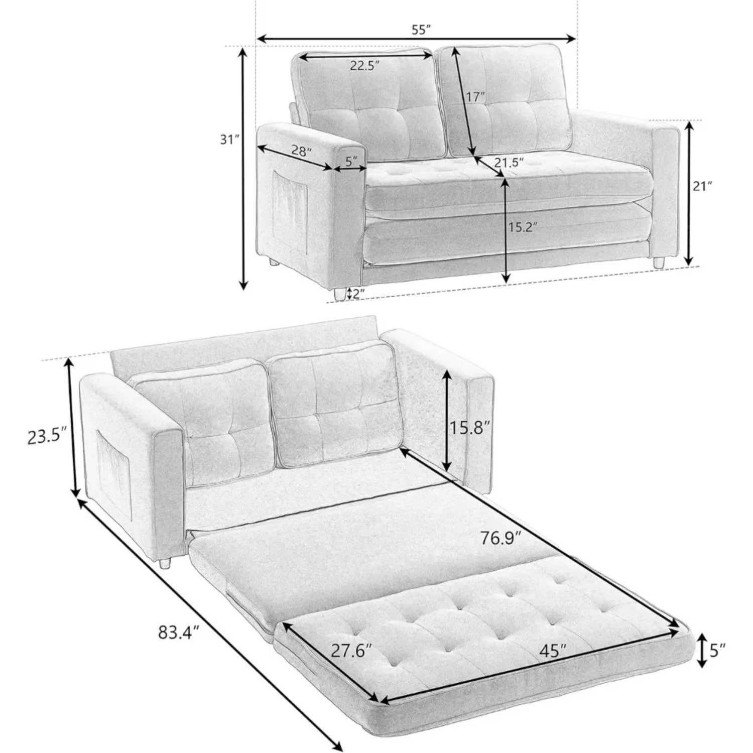 Divano letto estraibile pieghevole, divano letto convertibile 3 in 1 divano letto con contenitore laterale, divanetto futon imbottito in lino