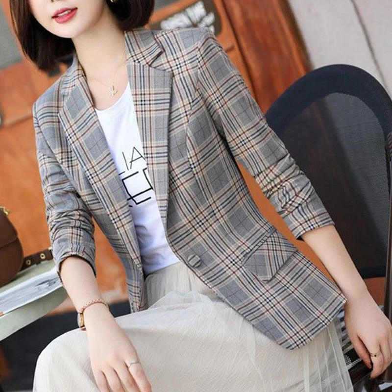 Women\'s Clothing Spring Autumn Vintage Fashion Plaid Notched Elegant Suit Coat Office Lady Casual Long Sleeve Slim Blazer Jacket