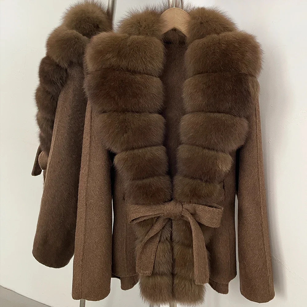 OFTBUY Damenmantel aus 100 % Wolle, neuer, warmer Wollmantel für den Winter, mit echtem Fuchspelzkragen, Revers und Gürtel, Wolljacke für Damen. – Detail 9