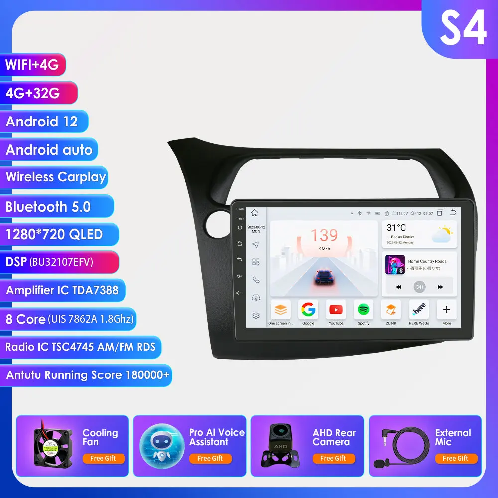 Android13 Autoradio Voor Honda Civic Hatchback 2005-2011 Auto Multimediaspeler Draadloze Carplay 4G-Let 2din Autoradio 360Camera