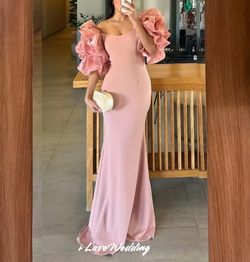

Pink Puff Sleeve Prom Dresses Strapless Mermaid Evening Dress Elegant Wedding Party Dress Ruched Ruffles Back Zipper Customized
