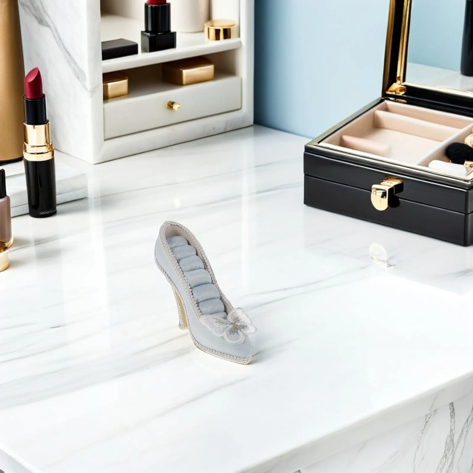 

Подставка для украшений в виде туфель на высоком каблуке, органайзер для колец, держатель для серег для спальни, туалетного столика, бутика, розничного магазина 4.52x4.32x1.77