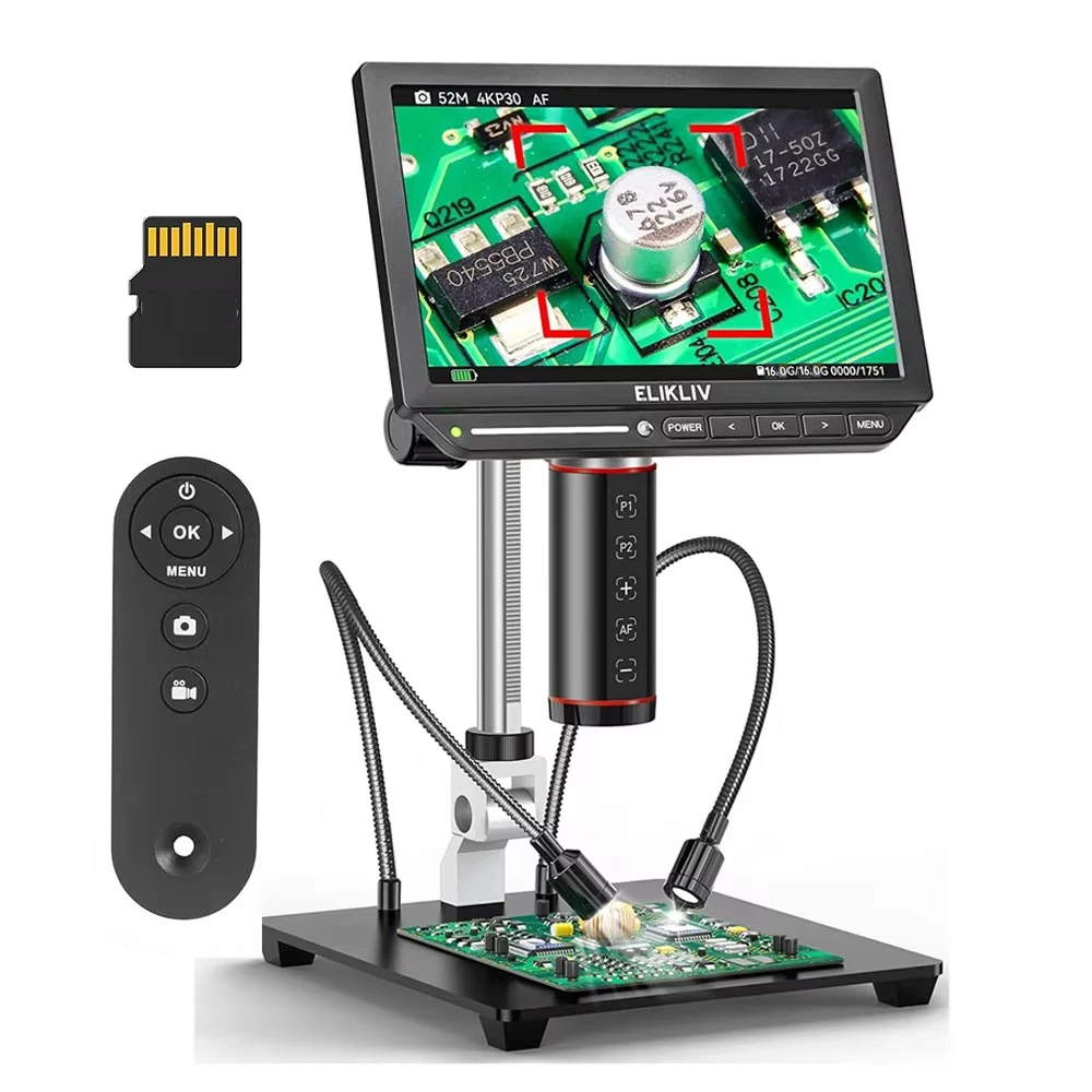 Elikliv 4K Autofocus Digital Microscope 2000x HDMI Microscopio Digital for Electronic Repair 8' Coin Amplifier 10'Stand EM4K-AF