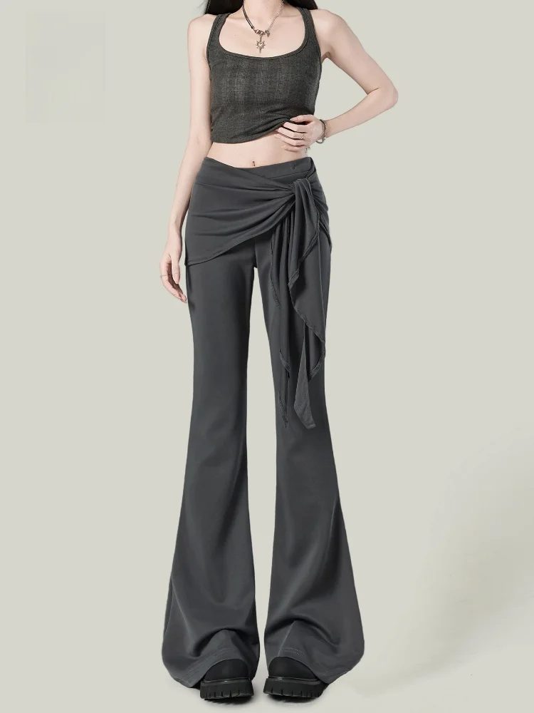 

American Grey Casual Pants Women Low Waist Yoga Pants Slim Micro Flared Jodhpur Pants Chic Simple Color Patchwork