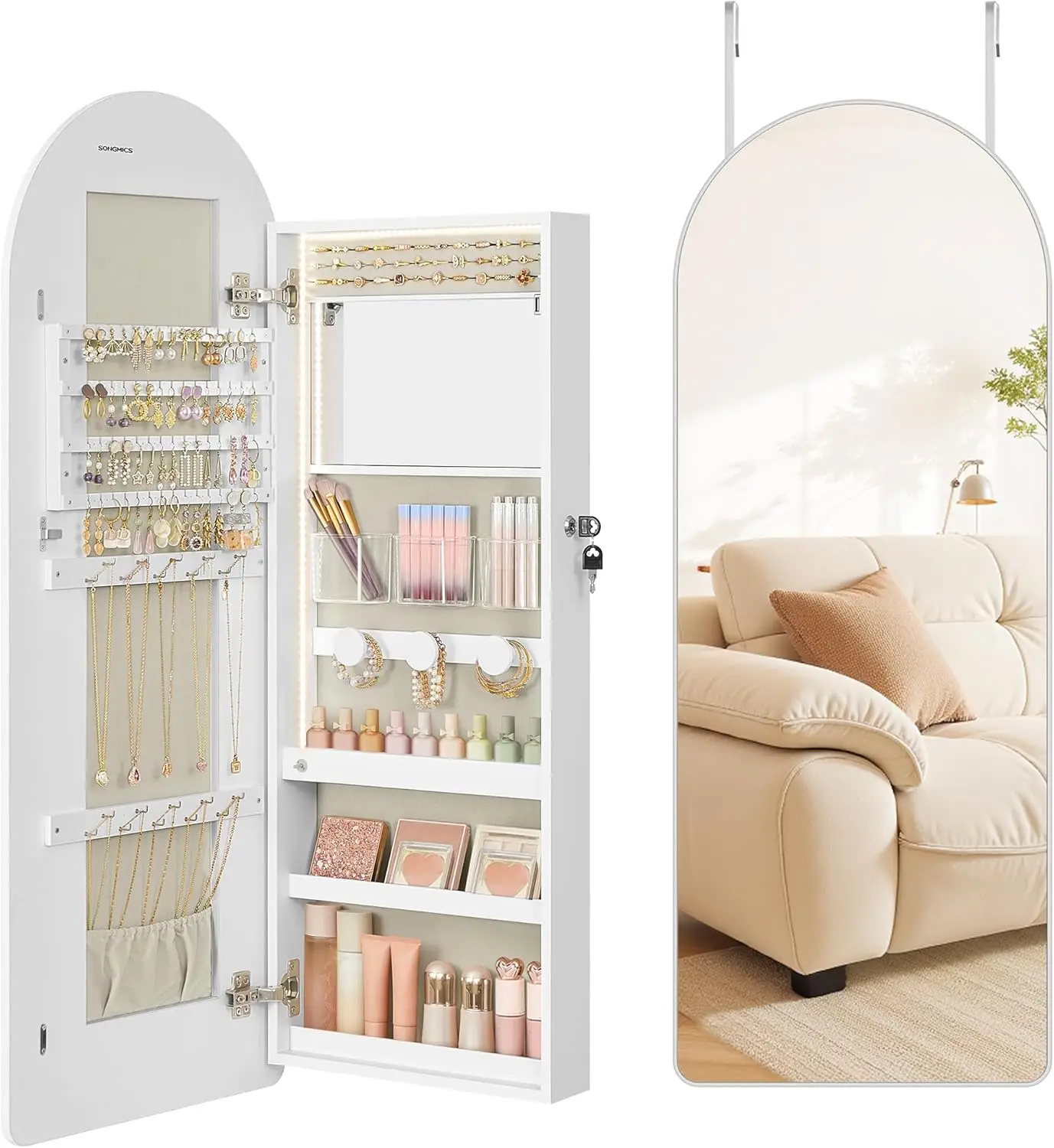 

Wide LED Jewelry Cabinet with Arched Mirror, Lockable Storage, Rounded Corners, Interior Mirror, Cloud White