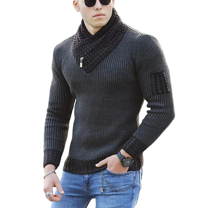 

New Men's Scarf Neck Sweater Knitted Pullover Long Sleeve Sweater Men's Splicing Sweater Jacket