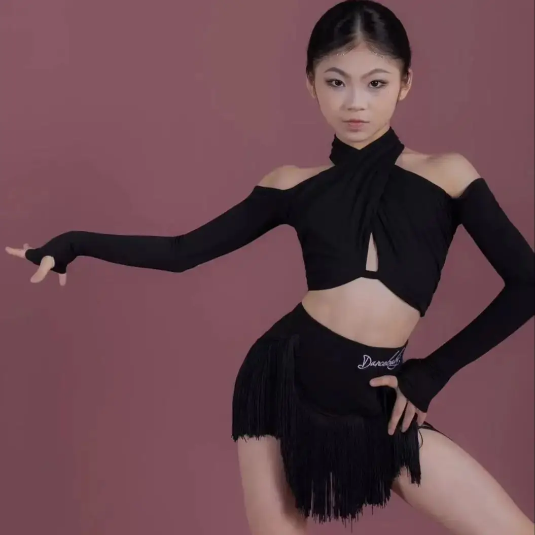 라인댄스 의상 무대 의상 세트 레오파드 라틴댄스 프린지 스커트 라틴댄스 트레이닝 긴팔 상의