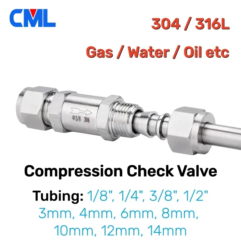 304 316L Stainless Steel Compression Tube Check Valve One-Way Non Return Valve 1/8