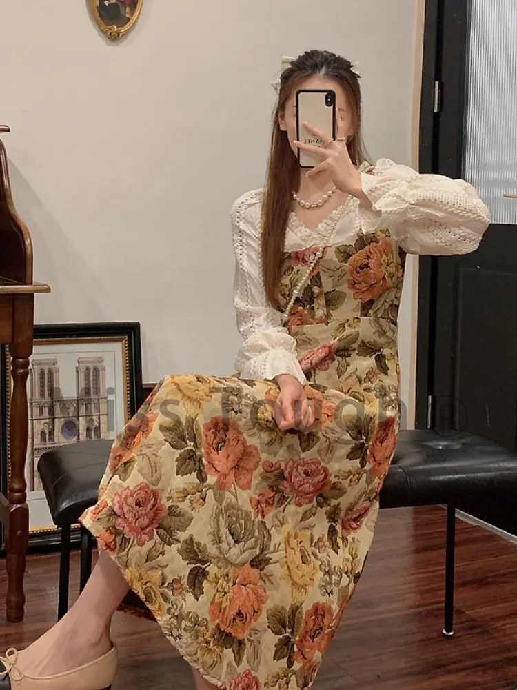 Print Retro Elegant Fairy Dress Women Lace Korean Style Evening Party Midi Dress French Vintage Floral Dress Female 2023 Summer