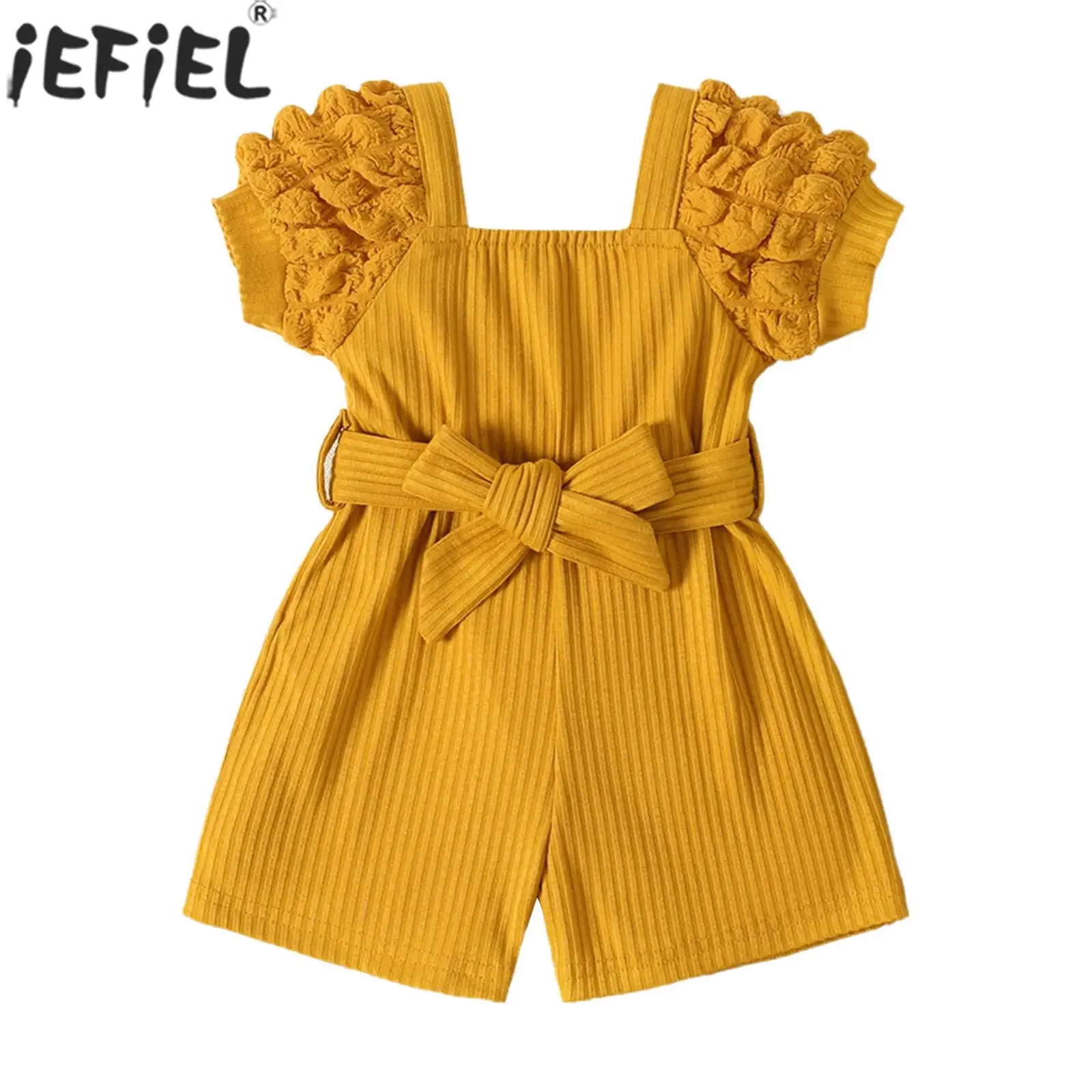 

infant Girls Summer Casual cute Romper Puff Sleeve Square Neck Rib Knitted Bodysuit for Daily party holiday Photography Wear