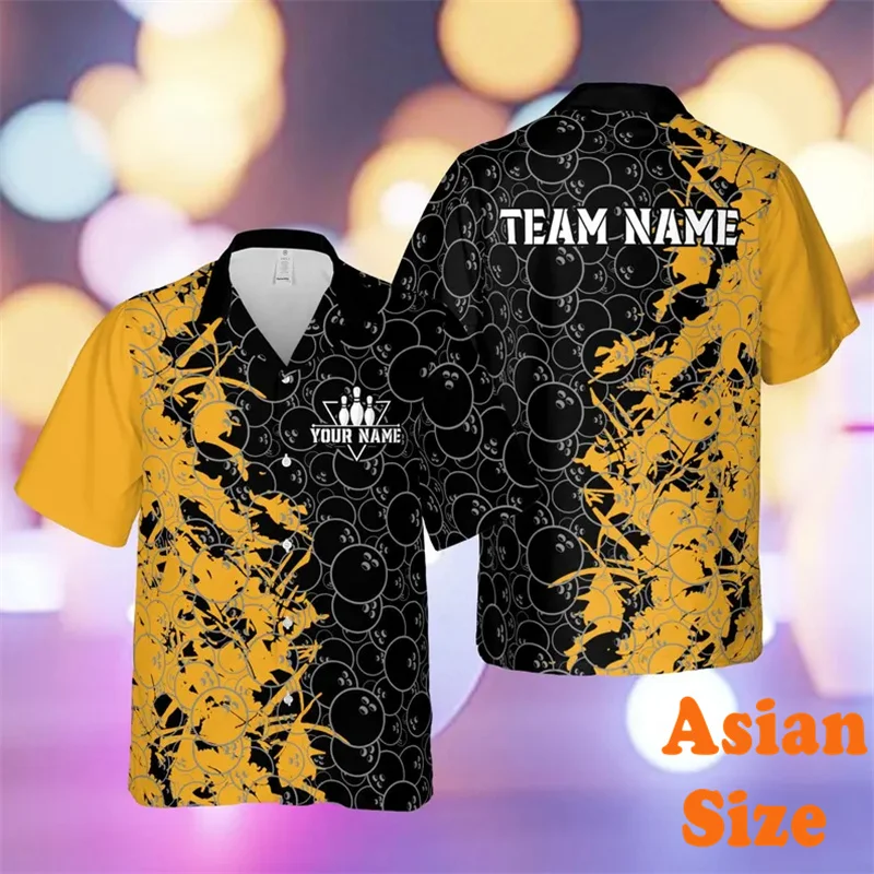 Bowling Sports Graffiti Print Customized Shirt Men Women Asian Size Short Sleeve Button Shirts Summer Breathable Fashion Top