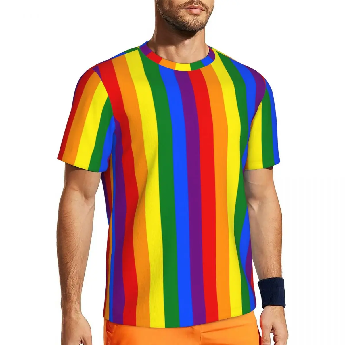 Sports T Shirt For Men Rainbow Print T-Shirts Trending Colorful Stripes Beach Tees O Neck Y2K Retro Graphic Clothes Plus Size