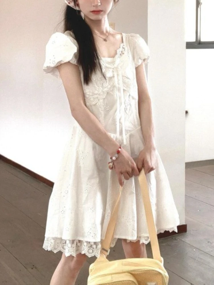 

White Sweet Elegant Fairy Dress Women Lace Patchwork Korean Style Slim Princess Dress Female 2025 Summer Fashion Causal Dresses