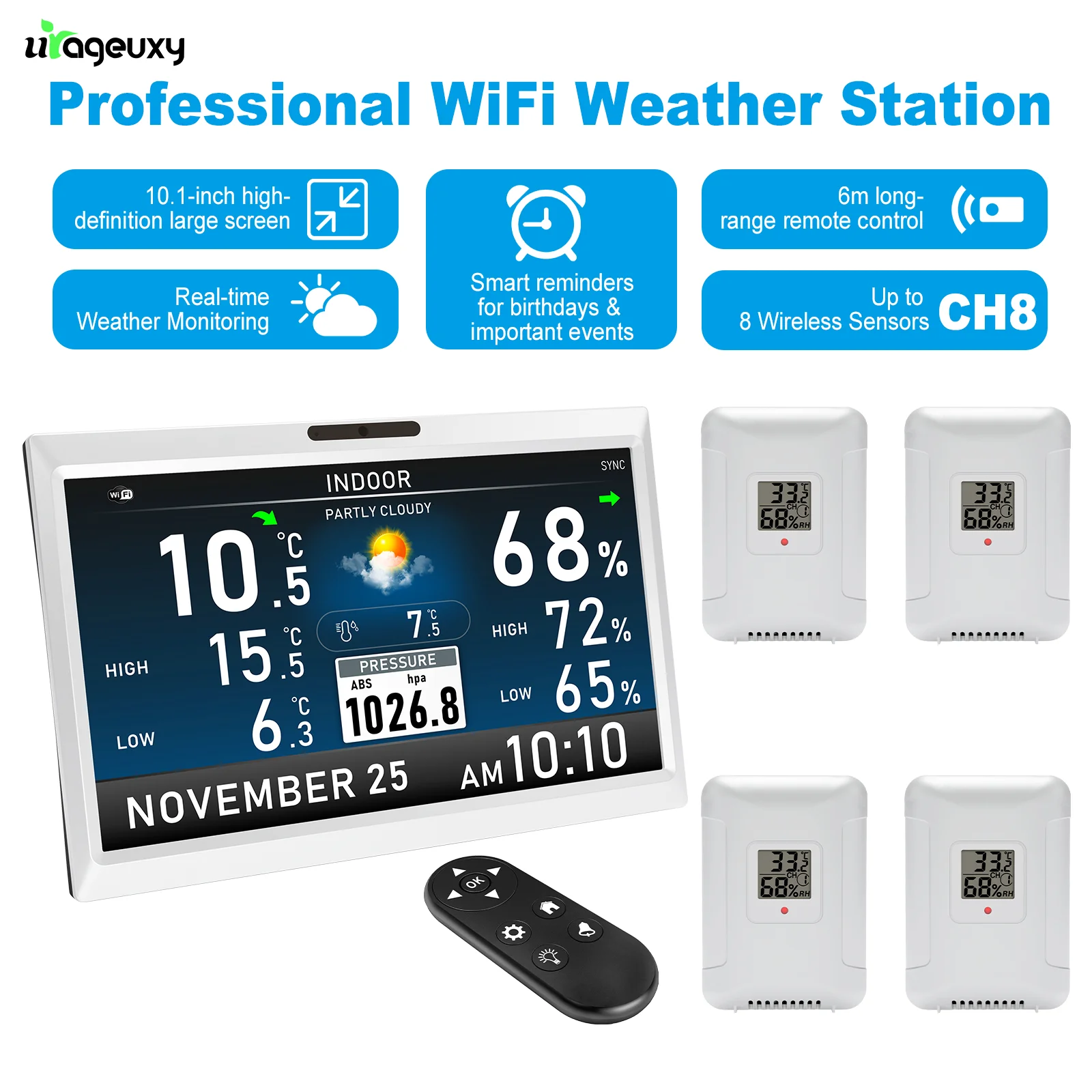 Station météo WiFi avec écran HD de 10,1 pouces, thermomètre et hygromètre sans fil pour intérieur et extérieur, 4 capteurs à distance, horloge murale.