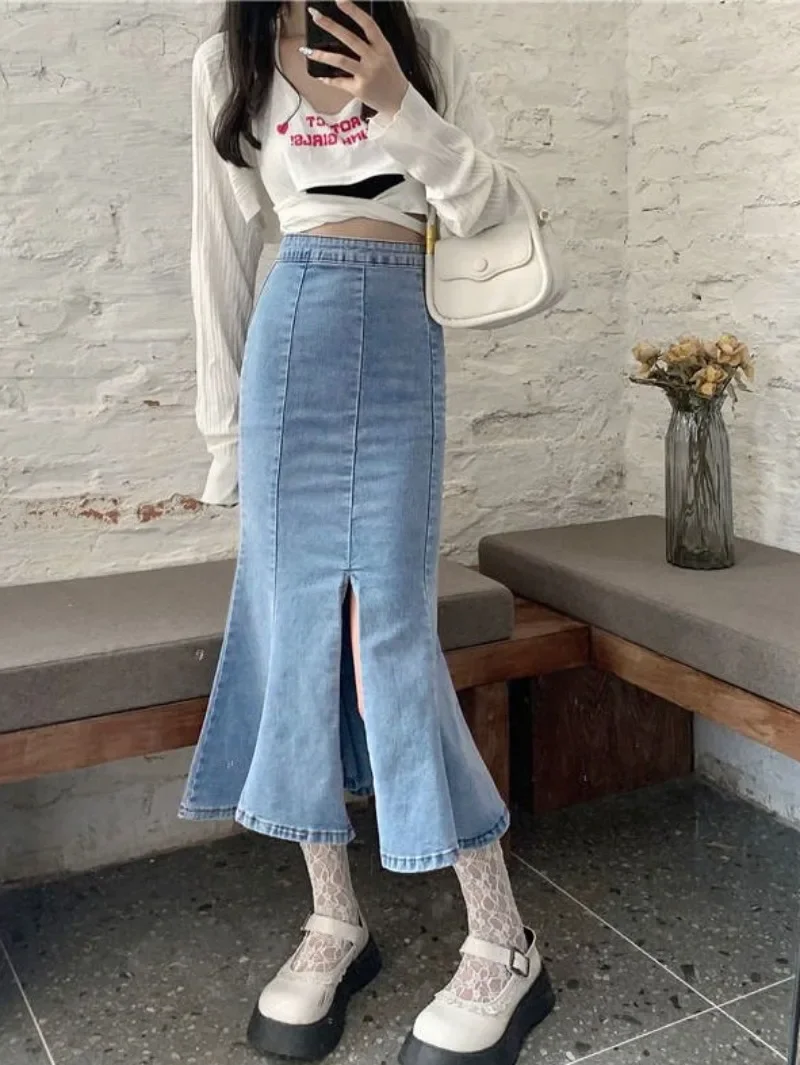 Jeans röcke für Frauen mit Schlitz Gyaru Frau Jeans rock hohe Taille blau Midi Premium Trend Harajuku Casual Qualität eine Linie