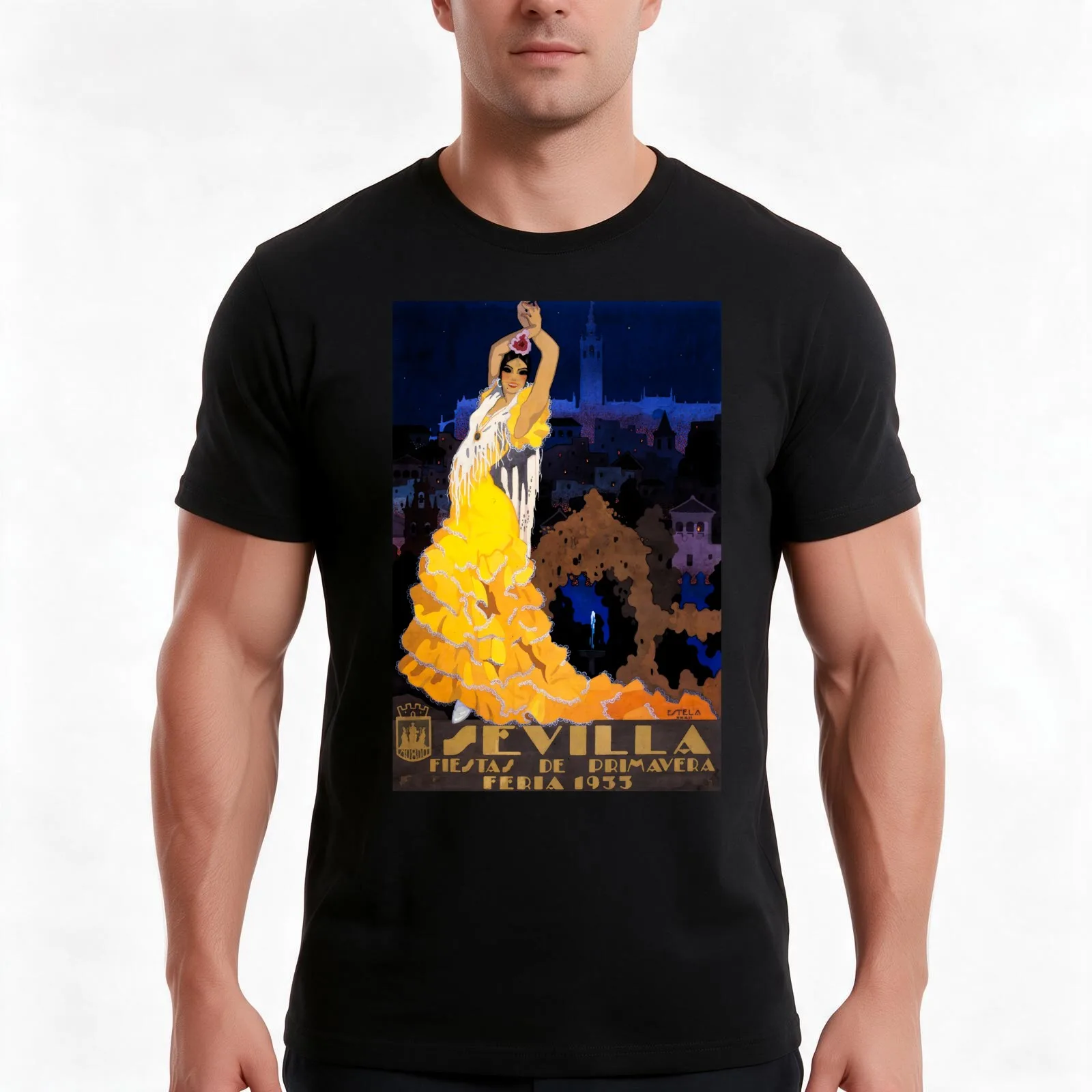 Vintage Seville Spain Travel Poster | Flamenco Dancer T-Shirt, Summer Casual Cotton Tee, Oversized Streetwear Tops, 100% Cotton