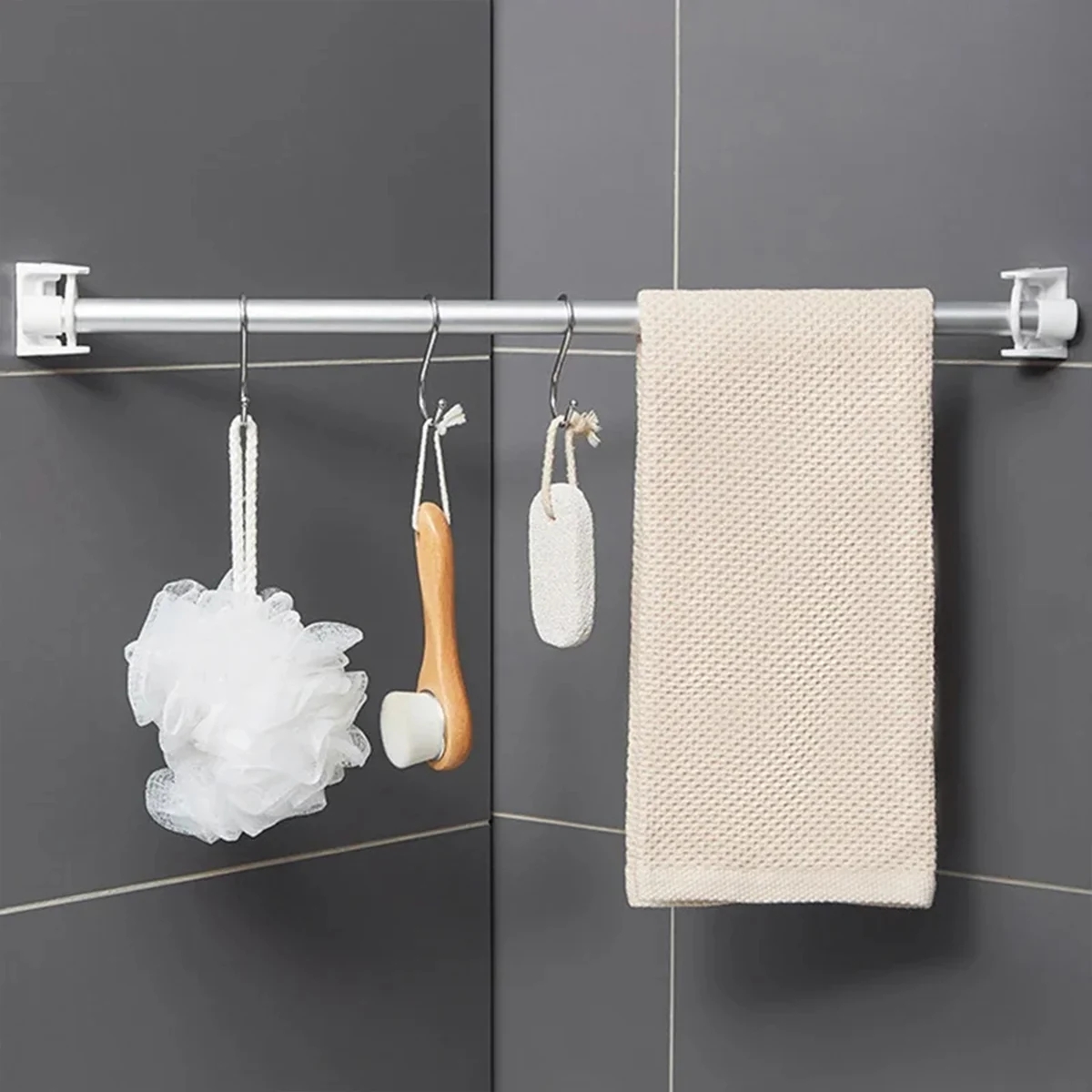 360° Rotatable Telescopic Rod Holder for Drill-Free Strong Self-Adhesive Hook Towel Bar Shower Curtain Rod Bracket