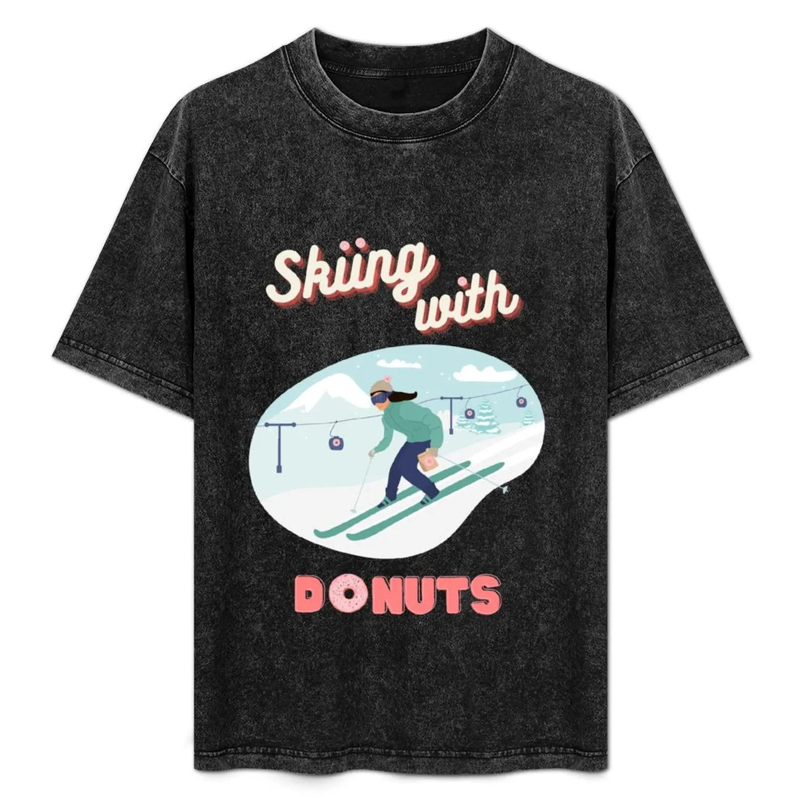 

Skiing with Donuts Pink Tee T-Shirt Simple Casual Short Sleeve Tee