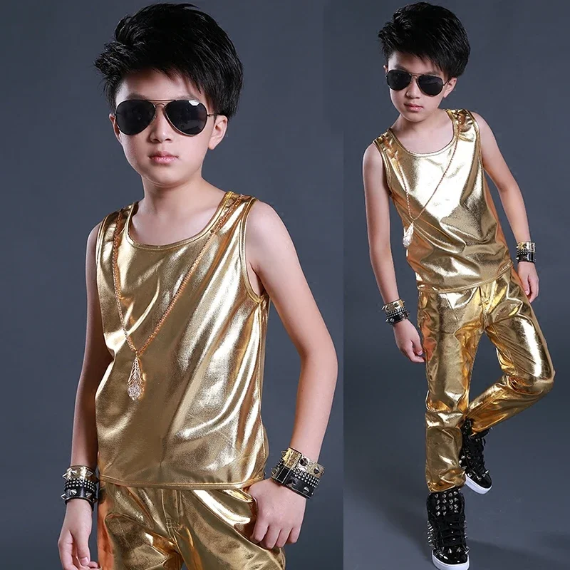 Clothes Child Boys Jazz Dancing Stage Performance Wear Hip Hop Dance Costumes Kids Leather Vest Top Children Street