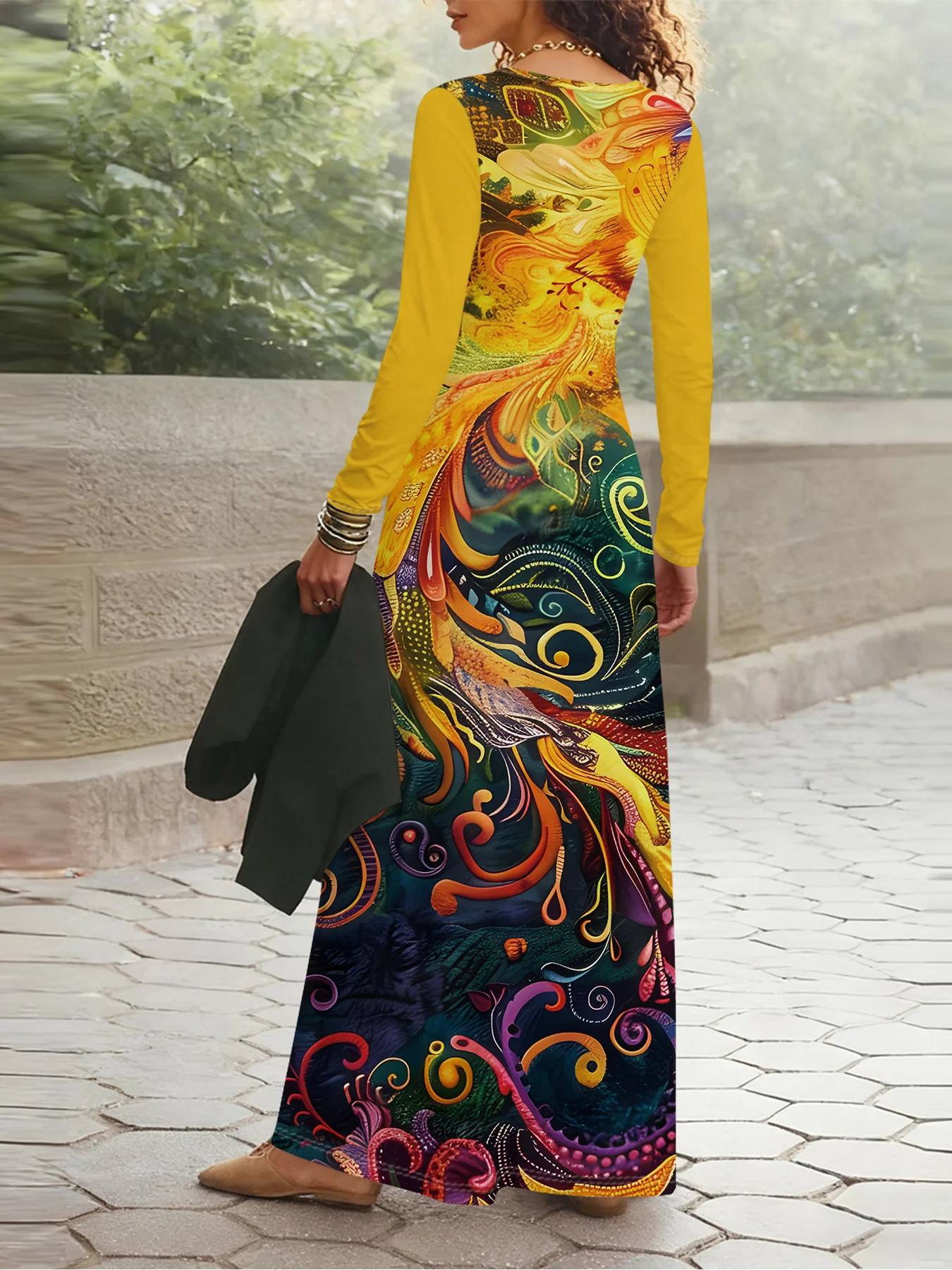 Printed Design Boho Colorful Abstract Peacock Print Long Sleeve Maxi Dress