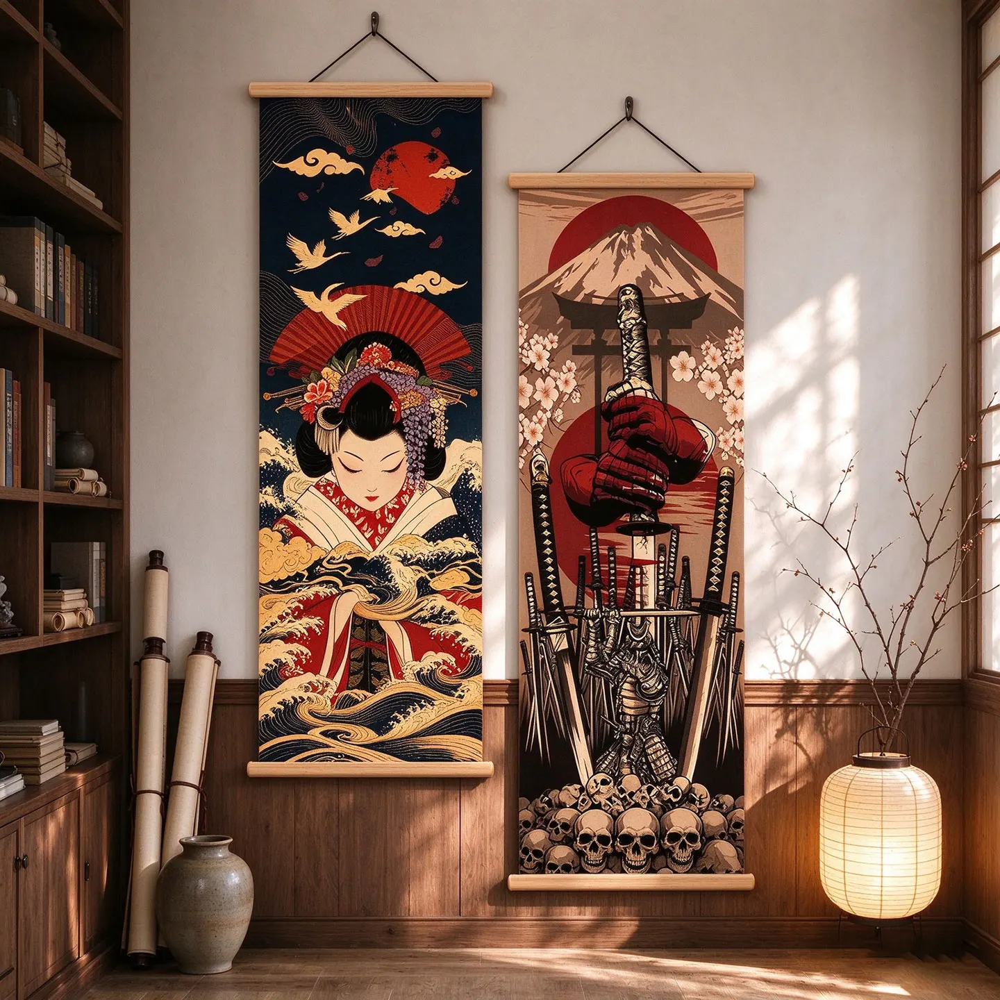 Solid Wood Frame Japanese Ukiyo-e Geisha Samurai Scroll Painting Wall Art Sakura Skull Katana Decor Hanging Poster