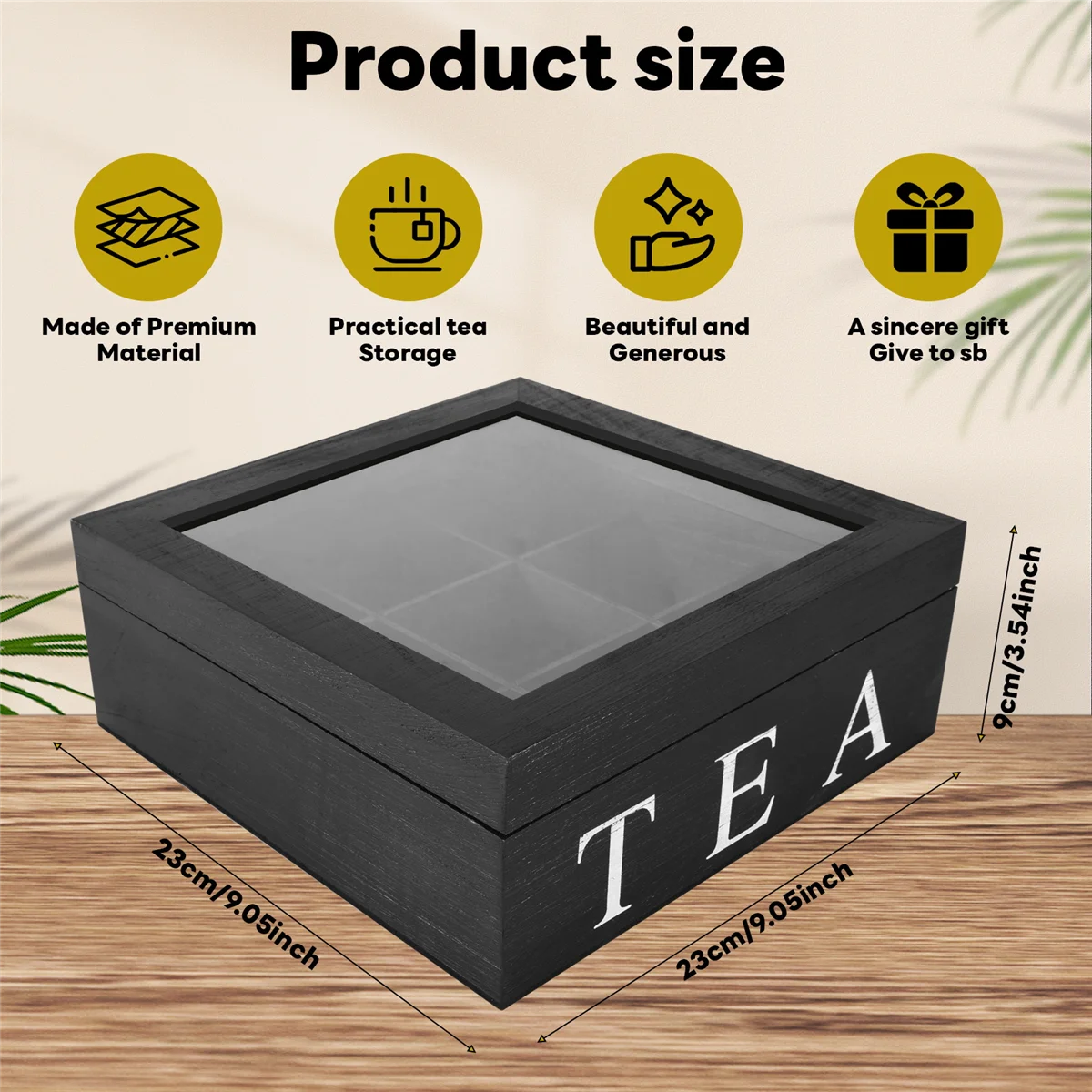 ABLK Wooden 9 Grids Tea Box Tea Bags Container Storage Box Square Gift Box Case Transparent Top Lid Jewelry Storage Box-Black