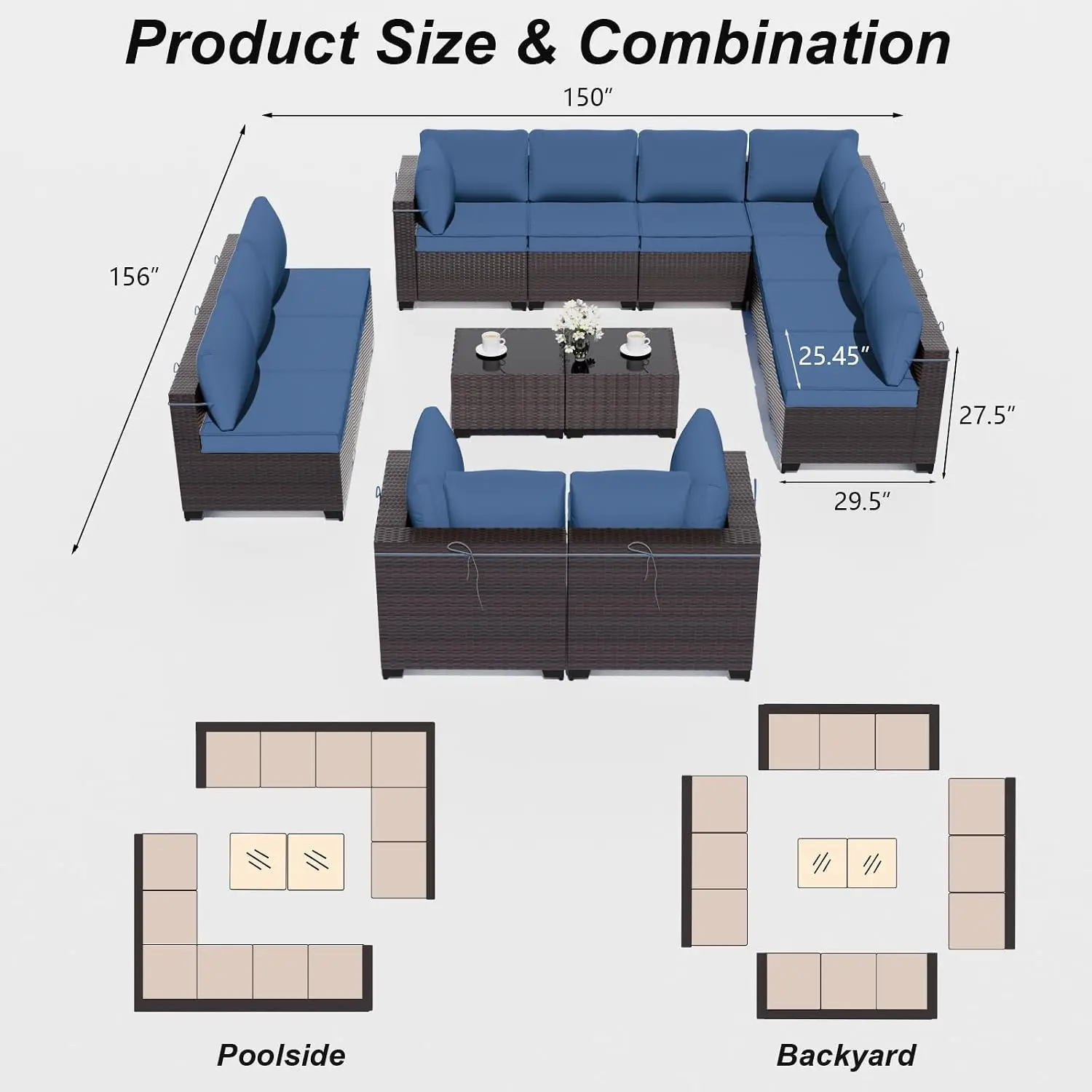 Outdoor Sectional Sofa 14-Seat Wicker Rattan Patio Furniture Coffee Table Thick Cushion All Weather Backyard Garden, Customized