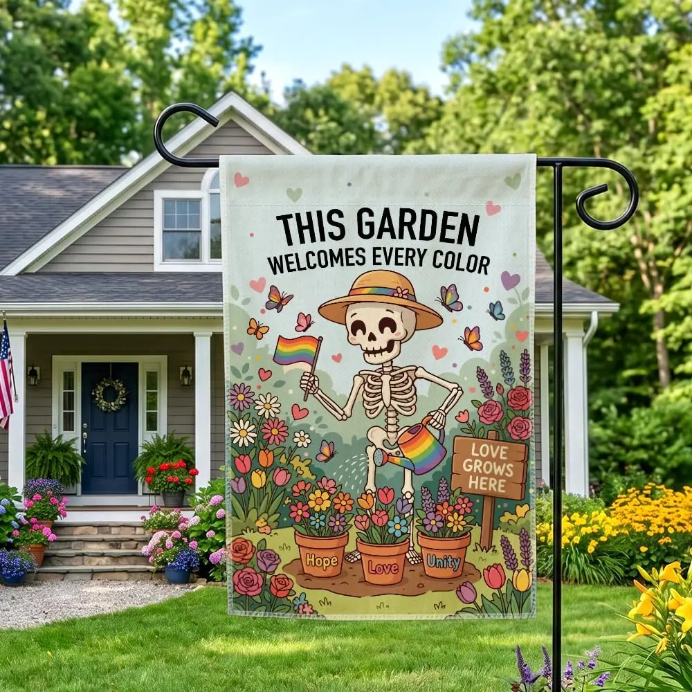 This Garden Welocme Every Color Garden Flag, Funny Skeleton Yard Flag for Outside, 12x18 Inch Double Sided Human Rights Yard MMZ