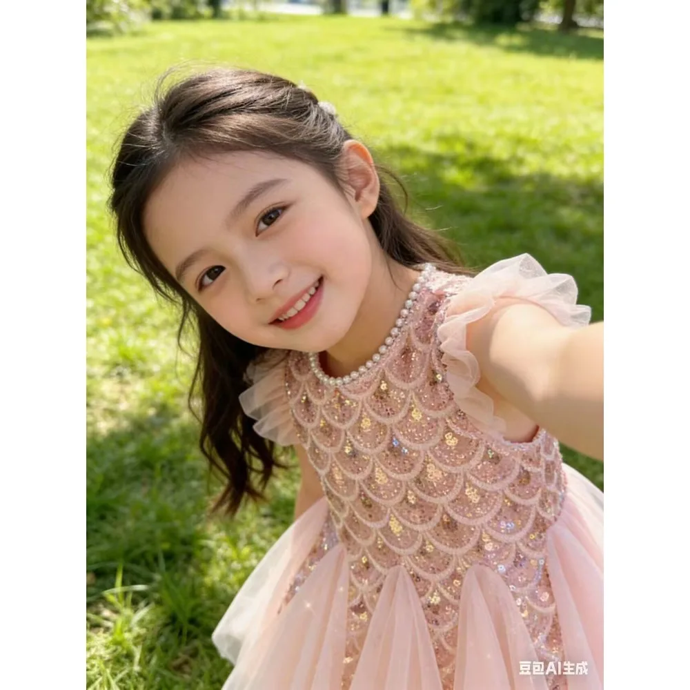 2026 New Summer1-10Y  Kids Girls Mermaid Dress, Sequin Tulle Sleeveless Princess Dress with Headband for 90-150cm