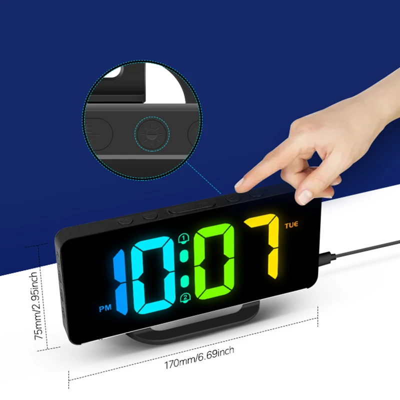 Digital Alarm Clock Desk/Wall Dimmable Electronic Clock with RGB Atmosphere Night Light Rainbow Time USB Charger Week Display