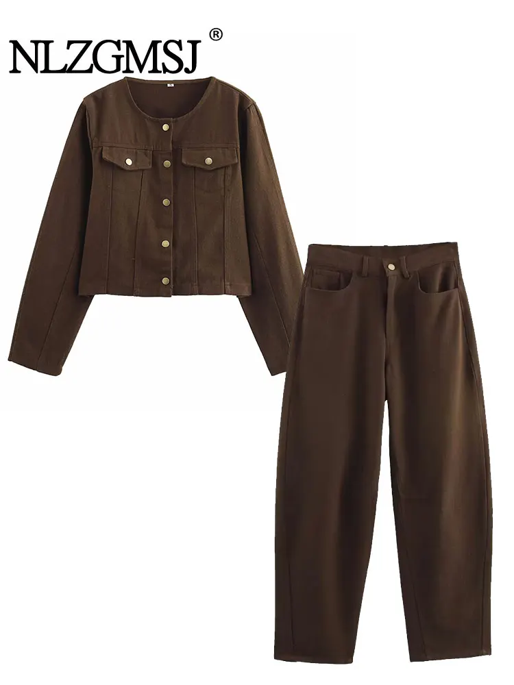 

Весна 2024, винтажный повседневный шикарный женский ковбойский костюм с круглым вырезом, однобортные свободные куртки, длинные брюки, модные джинсовые костюмы