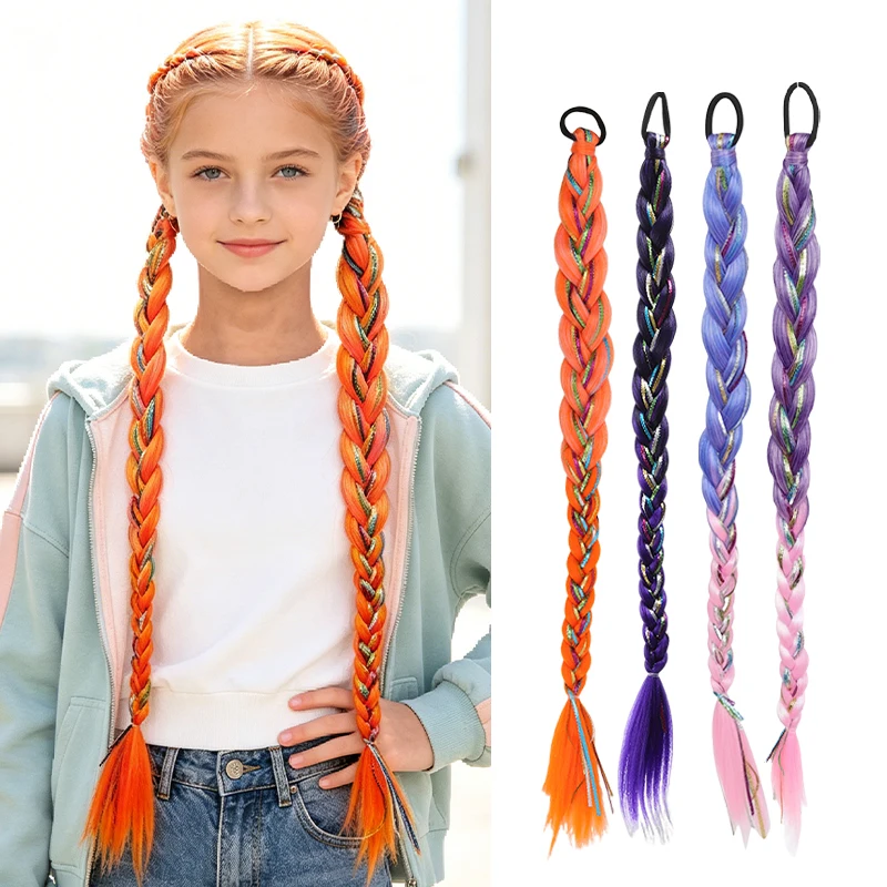 

2 Pack Children's Braided Pigtails with Glitter Threads, Synthetic Fiber Ponytail Hair with Elastic Band, Daily Cosplay Look