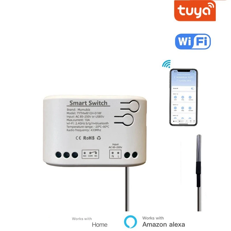 A69F-Tuya Wifi Sensore di temperatura Smart Switch a 1 via AC 85-250V Smart Switch wireless con telecomando