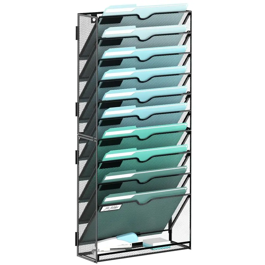 

11Tier Wall File Organizer, Hanging Wall Files for Papers, Folders, Magazines, Wall Organizer for Clipboard, Assembly Needed, Bl