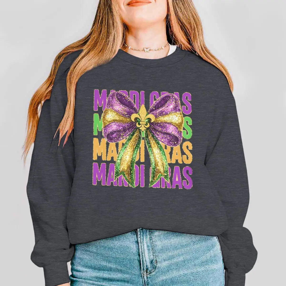 Glitter Coquette Mardi Gras Women's Clothing Carnival Happy Outfit for Girl Happy Mardi Gras Coquette Bow Design Sweatshirts