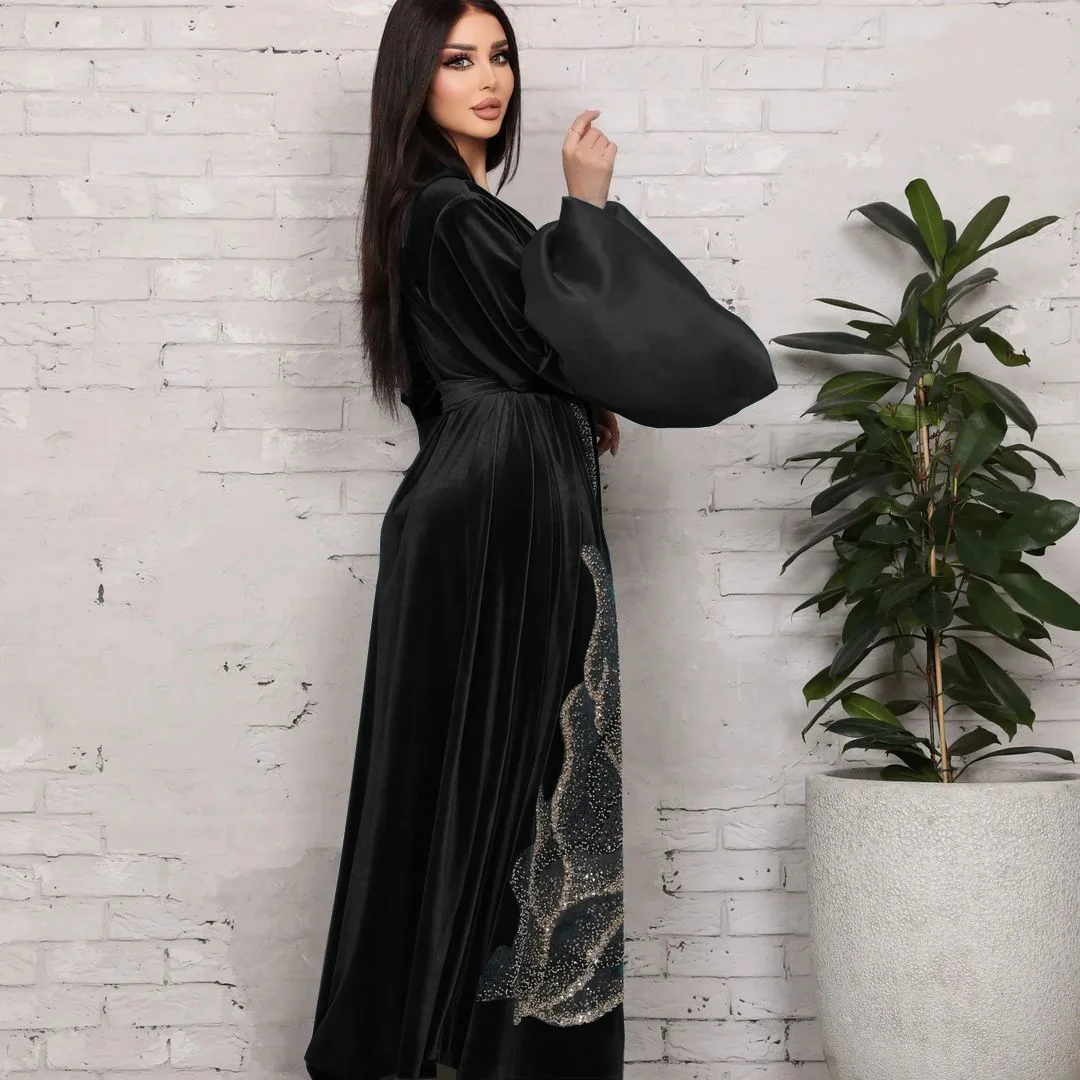 Robe de soirée arabe en velours à paillettes pour femmes, col en V, manches bouffantes, caftan chaud du Golfe Abaya, vêtements islamiques du Moyen-Orient, Ramadan