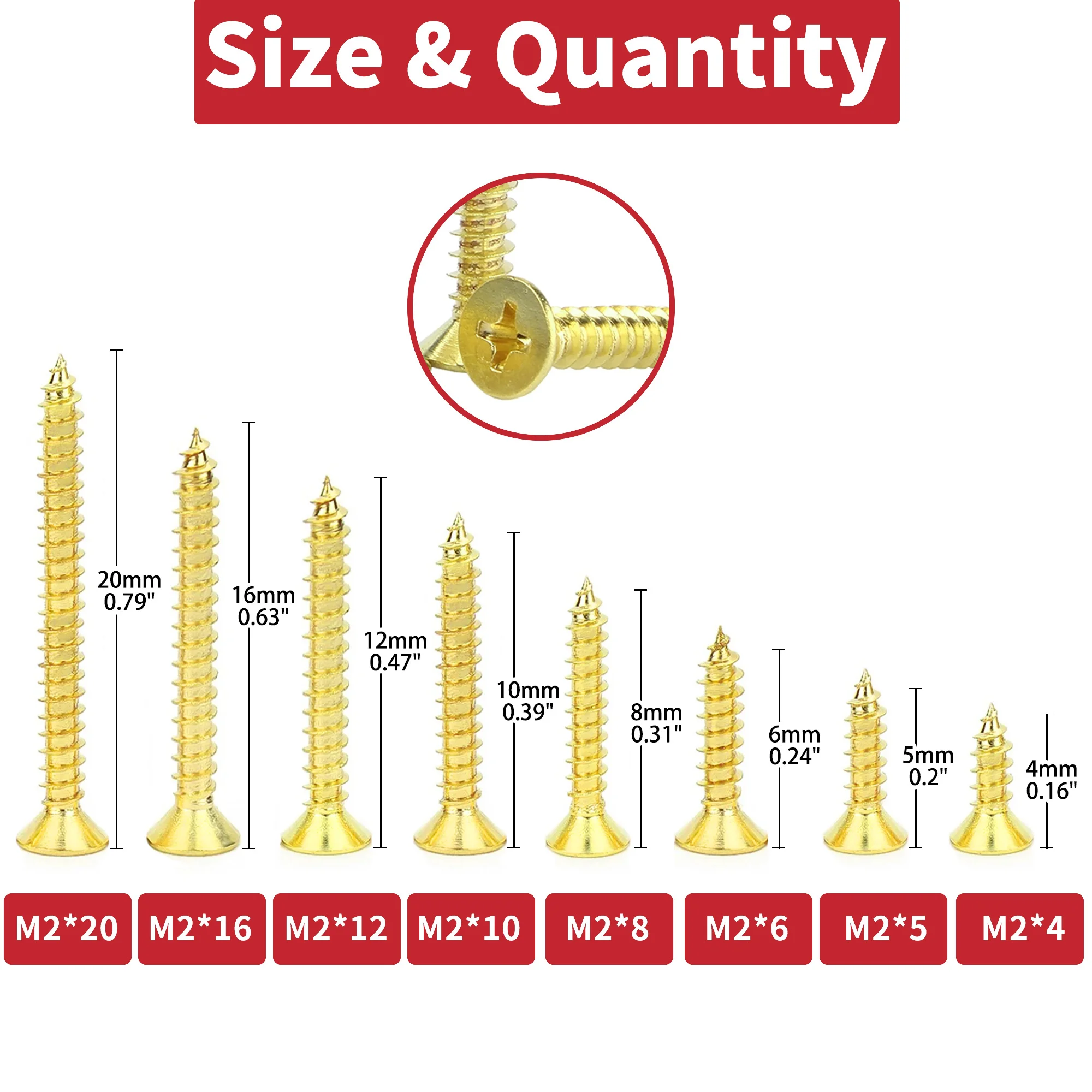 M2 Brass Plated Phillips Tips Screw Assortment Fasten Links with Removable Daily Safety to Prevent Loosening For Decoration Wood