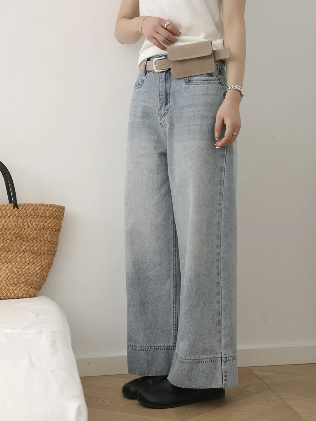 

Свободные прямые джинсы с высокой талией, широкие брюки, женская сумка на пояс, утягивающие брюки, повседневная одежда, сезон весна-осень