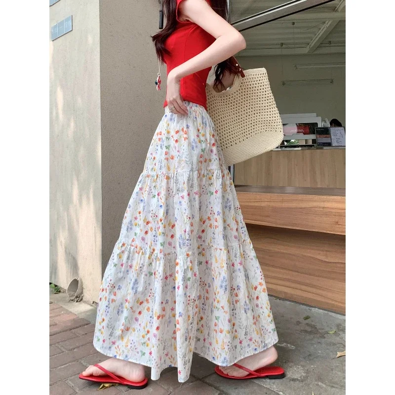 

New Summer Style Super Atmosphere Korean Floral Skirt for Women in Summer A-line Umbrella Skirt for Slim Long Skirt