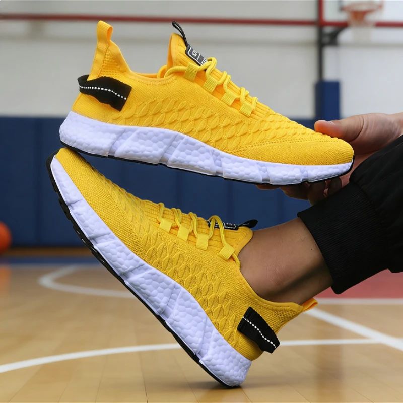 

Мужские желтые вязаные кроссовки для бега, легкие дышащие кроссовки, нескользящая модная повседневная спортивная обувь для спортзала и улицы, новинка